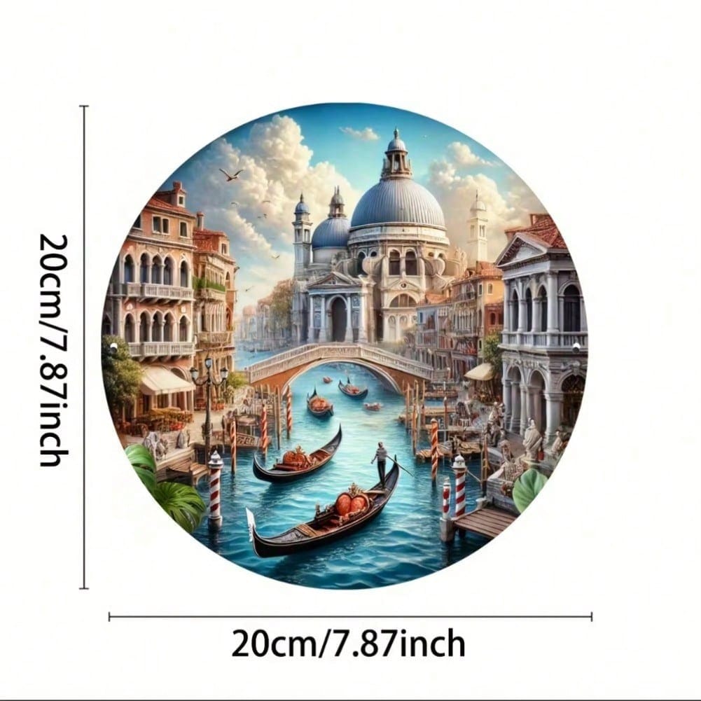 Vintage Venice Canal Round Metal Wall Art Iron Sign Gothic Buildings Water Reflection Home Decor 20x20 разноцветный