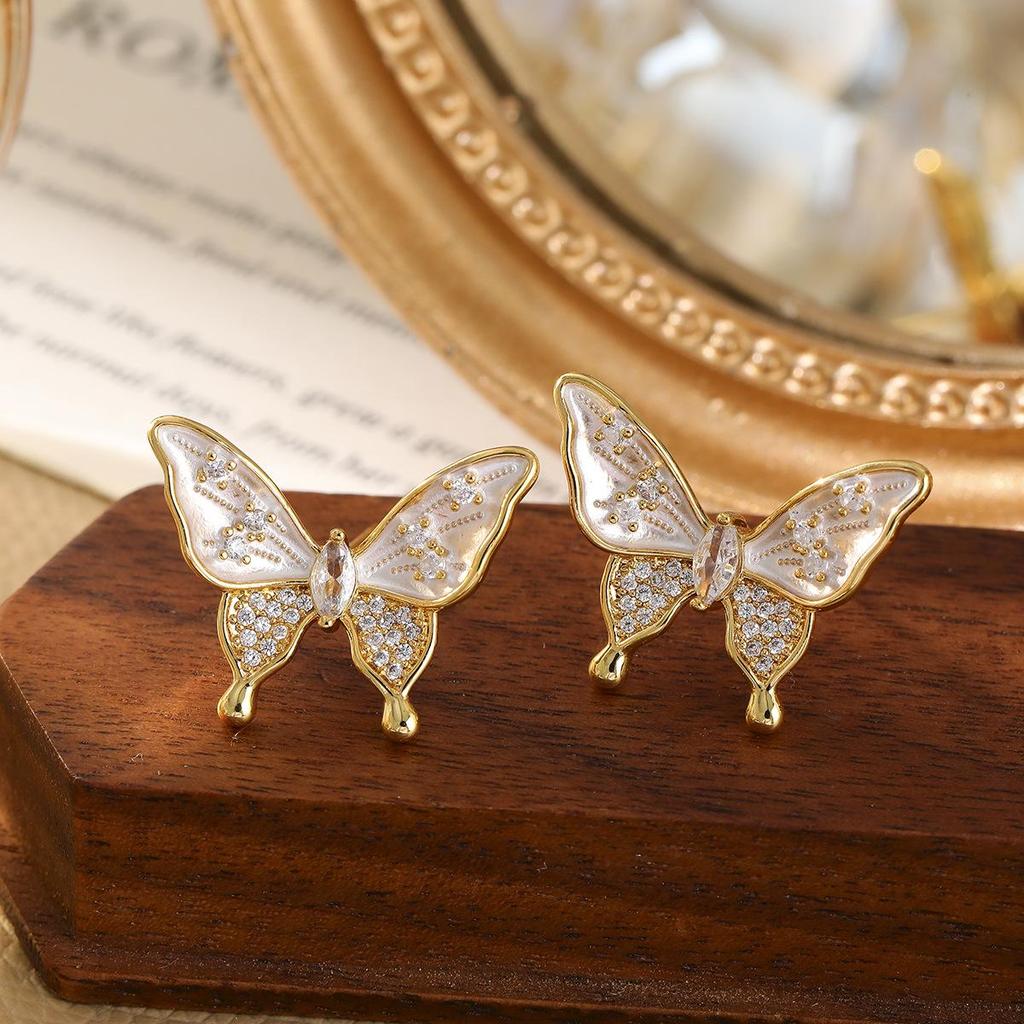 Elegant Zircon Butterfly Drop Earrings for Women - High-End Light Luxury Fashion Studs