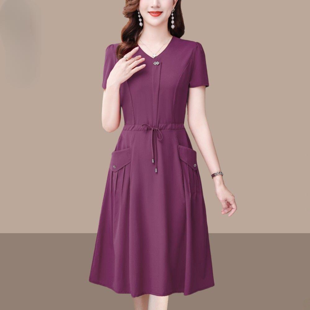 Fashion Summer Solid Color Short Sleeve Dress for Women Slim Fit Waist Cover Belly Elegant