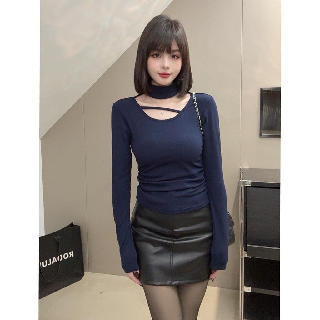 Women's Autumn Winter Hanging Neck Base Shirt Solid Color Slim Fit Korean Style Top Temperament Commuting Style Lady Pullover Shirt