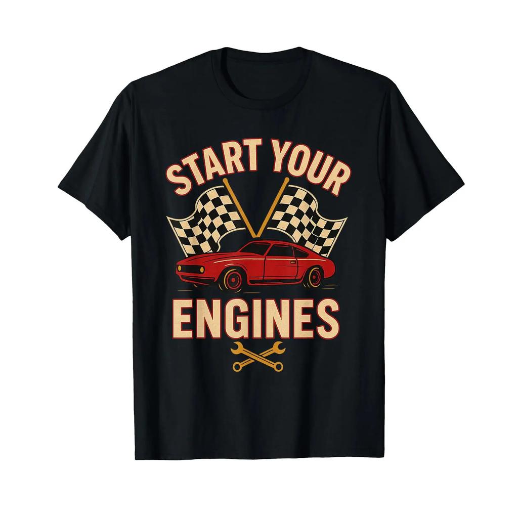 Start Your Engines Vintage Mechanics Flag Race Car T Shirt Vintage Slightly Comfortable Streetwear Graphic Stretched