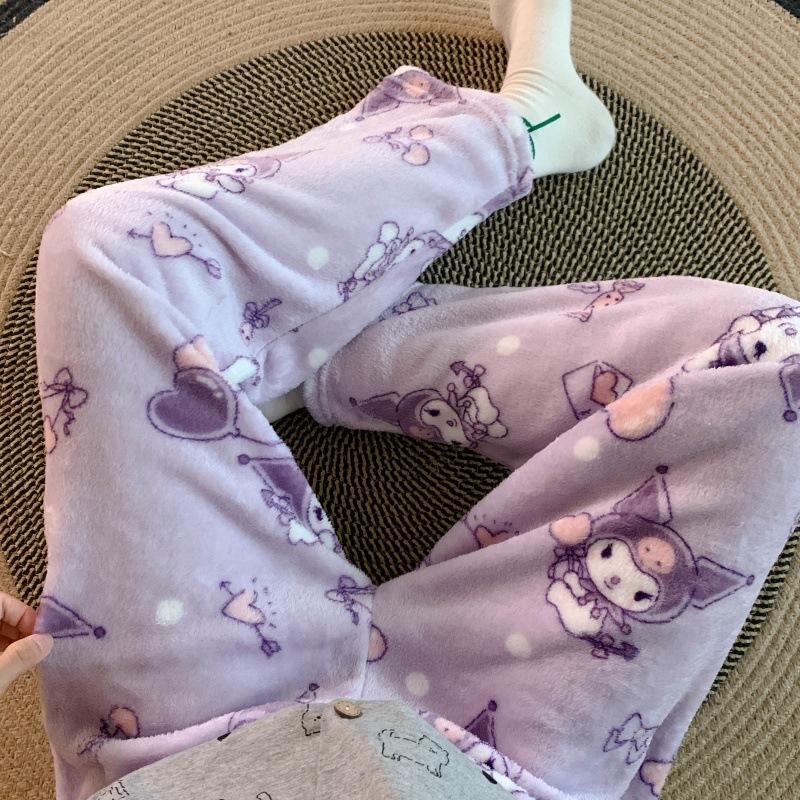 Cartoon Flannel Pajama Pants for Women - Winter Warm Fleece Lounge Pants, Coral Velvet Sleepwear Bottoms for Students, Cozy Home & Outdoor Wear