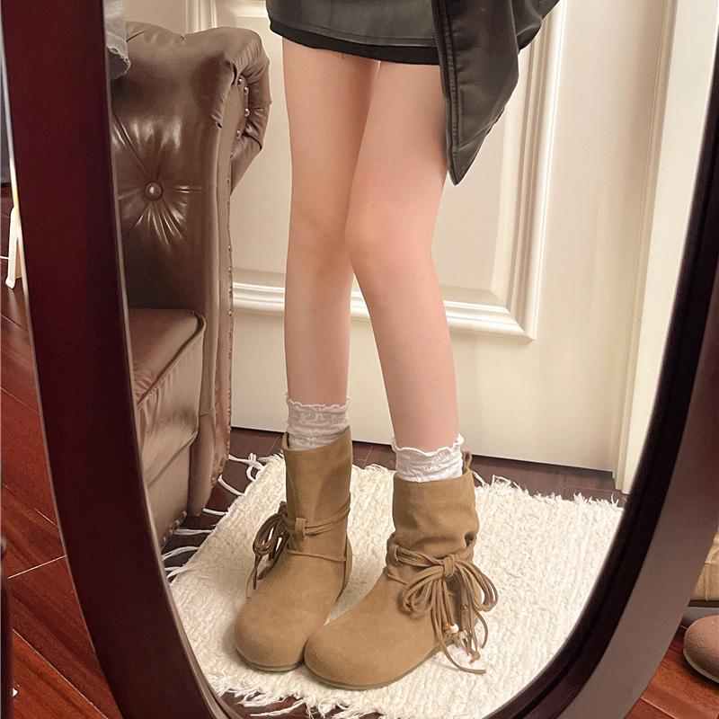 Fashion tassel bow thick heel short boots women's 2025 autumn and winter retro style new suede temperament versatile fashion boots