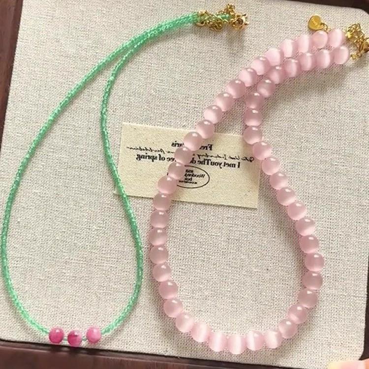 Spring Peach Blossom Pink Beaded Necklace: New Chinese Style, Luxurious, Lightweight Clavicle Chain