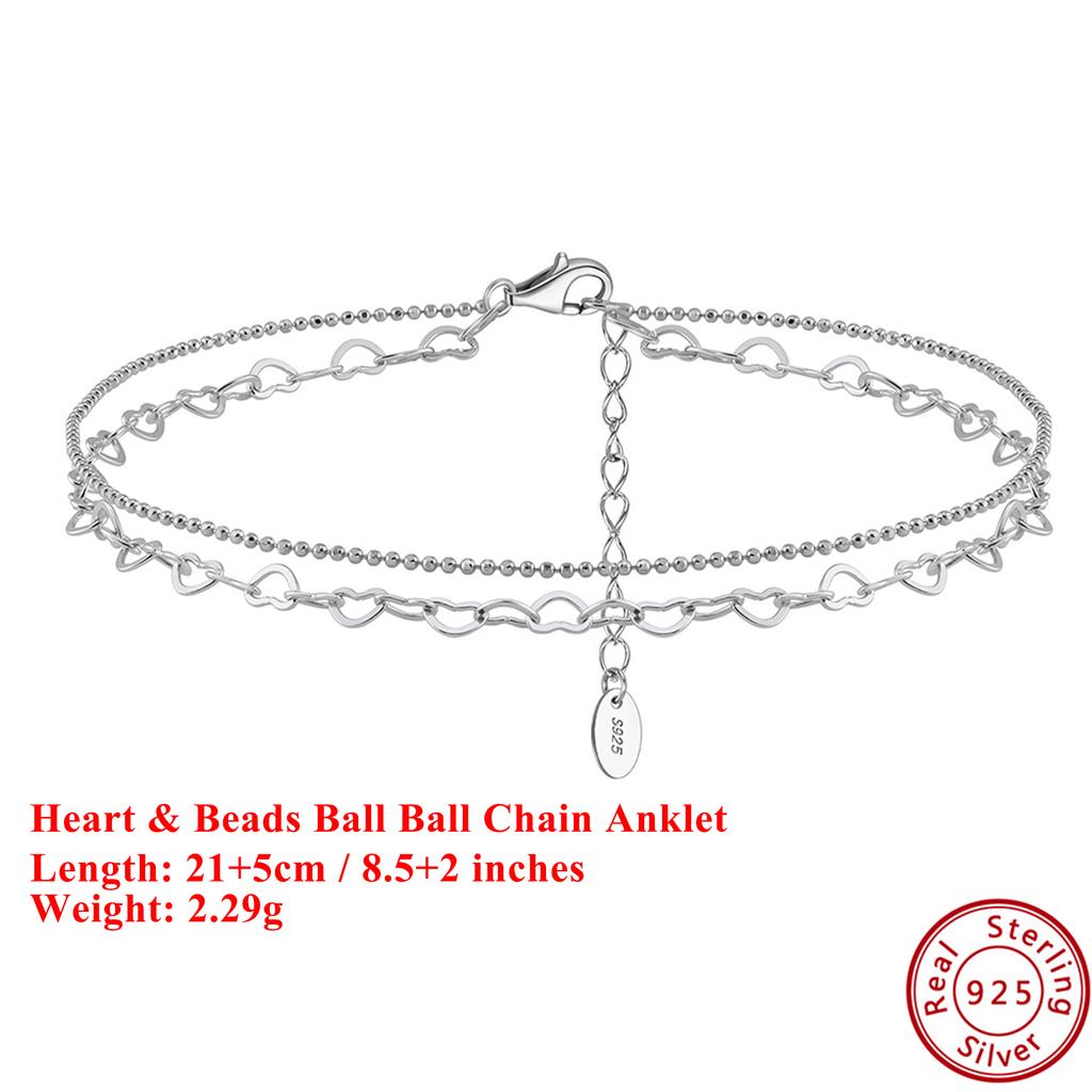 EFFIE QUEEN 925 Pure Silver 14k Gold Heart Shaped Beads Ball Chain Anklet Romantic Jewelry for Women Summer Beach Banquet SA66