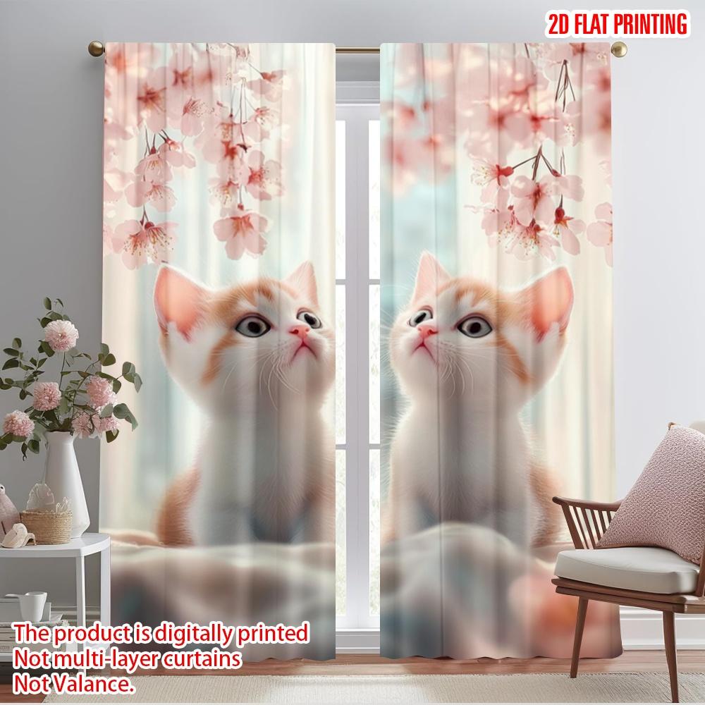2pcs,2D Plane Printing Pattern Curtains Blossom Kittens Polyester Easy Install (without Rod) Versatile All Perfect for Bedroom,