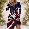 Women Cross V Neck Long Sleeve Dress Red Blue Golden Star Firework Print Irregular Hem Dress