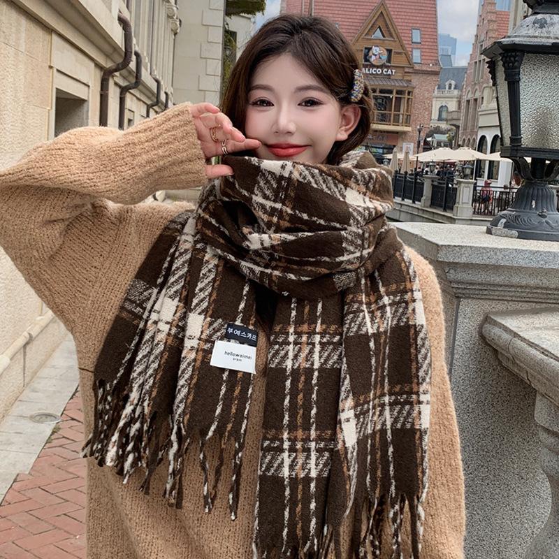 Korean Scarf Winter Women's Atmosphere New Mohair High Sense Thickened Warm Shawl Plaid Scarf