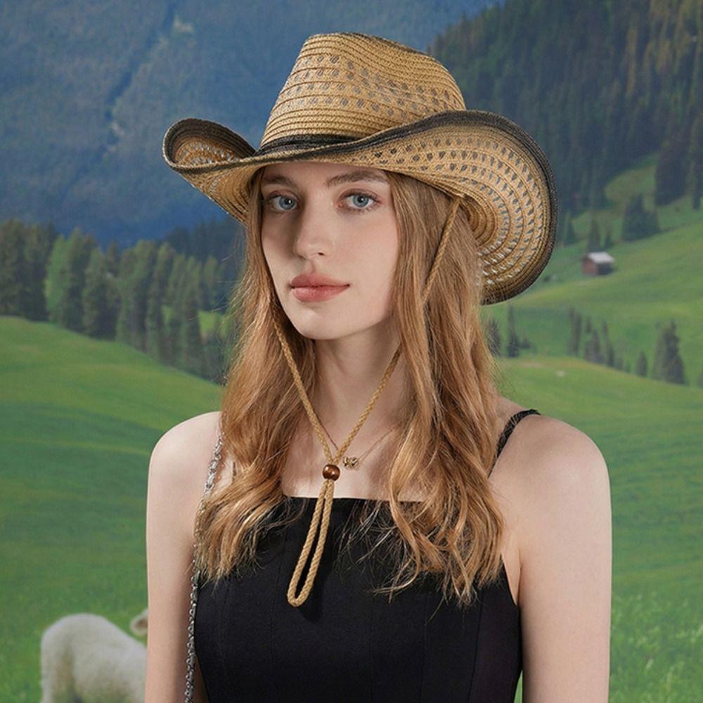 Summer Western Cowboy Hat Wide Brim Cowgirl Visor Cap Vintage Grass Hat  Bucket Hat