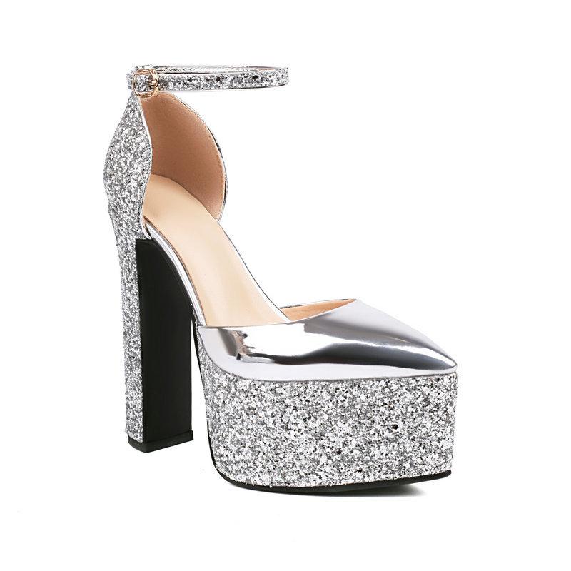 Sandales à talons épais à paillettes pour femmes, chaussures d'été imperméables à boucle unique, talons super hauts de 15 cm