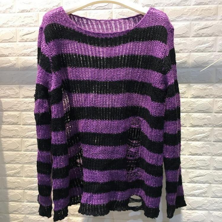 Unisex Women Cool Thin Loose Gothic Striped Long Jumper Dark Punk Streetwear Hollow Out Top Broken Hole
