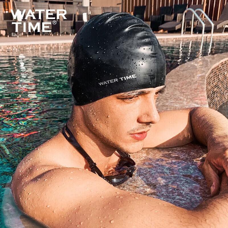WATERTIME Silicone Swimming Cap, for Long Hair, Large Size, Ear Protection, High Elasticity, Comfortable, Black