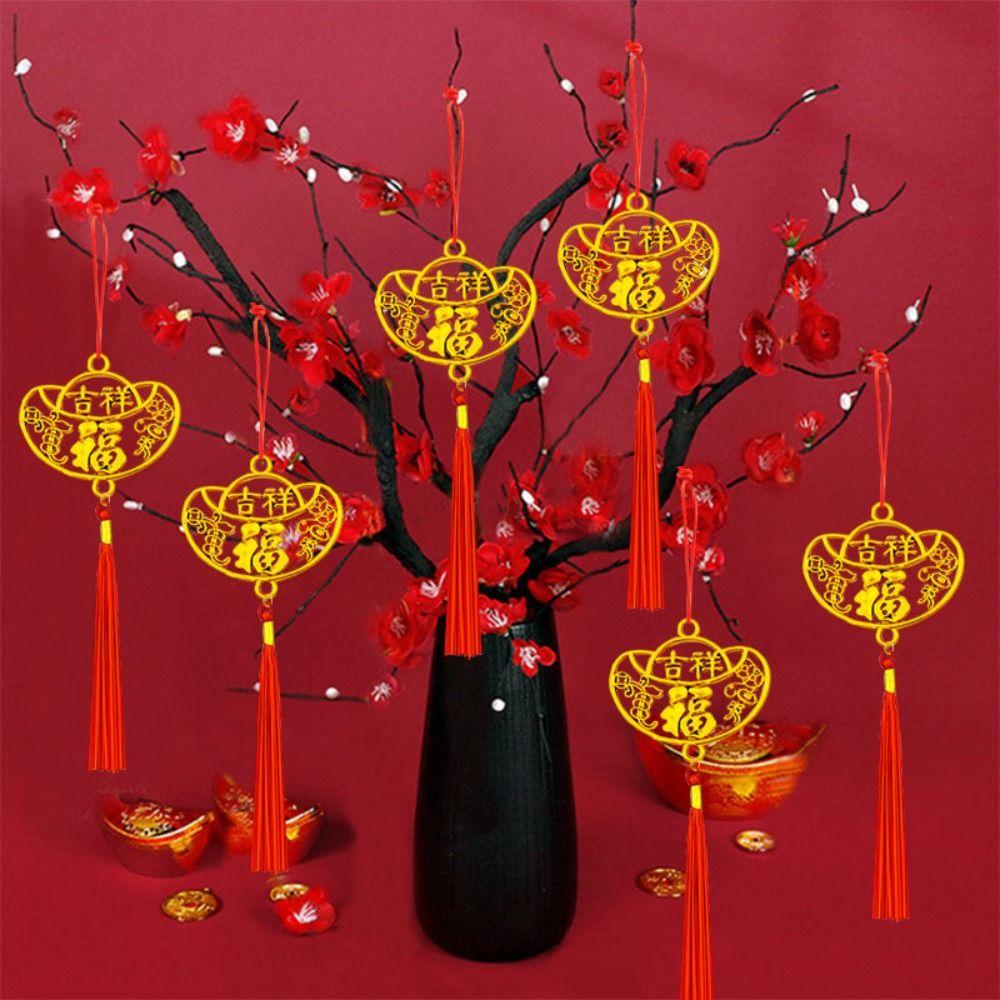 6/10Pcs Gold Chinese New Year Pendant Waterproof Wealth Spring Festival Bonsai Pendant with Tassel Traditional