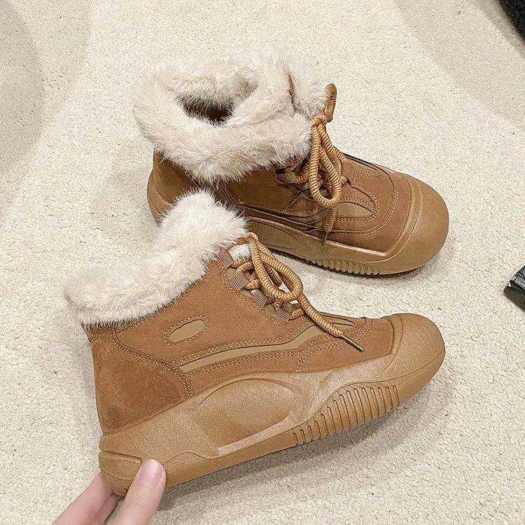 

Ботильоны на платформе с мехом, женские хлопковые туфли на плоской подошве, плюшевые теплые кроссовки, зимняя мода 2024 года, замшевые повседневные ботинки на шнуровке, женские ботинки 40