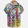 Vintage Music Style Trendy Short-sleeved Shirt, Personalized Art Print Lapel Top, Casual Vacation Loose Breathable Thin Shirt
