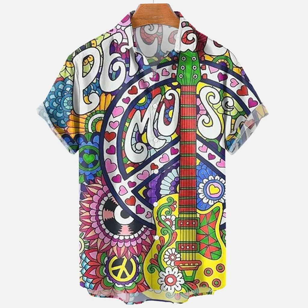 Vintage Music Style Trendy Short-sleeved Shirt, Personalized Art Print Lapel Top, Casual Vacation Loose Breathable Thin Shirt