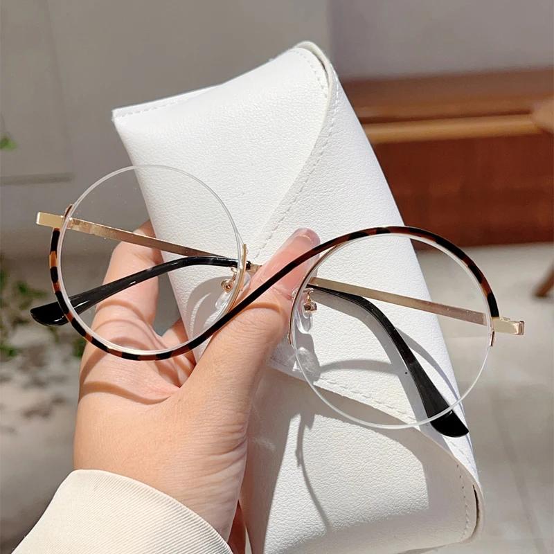Fashion Semi-Rimless Round Frame Women's Ins Brand Design Pink Glasses Blue Light Blocking Retro Metal Decor Eyewear