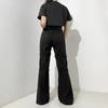 Women Gothic Print Strap Decor Flare Cargo Jeans Streetwear High Waist Denim Pants