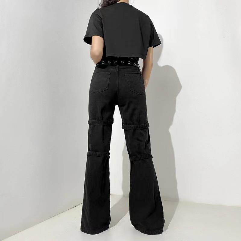 Women Gothic Print Strap Decor Flare Cargo Jeans Streetwear High Waist Denim Pants