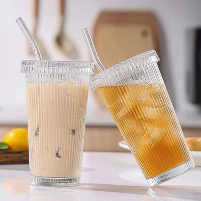 375ml Sklenice s pruhy s víčkem a brčkem, Průhledný pohár, Používá se na studené nápoje, Džus, Čaj, Mléko, Mocha, Snídaňový kávový šálek