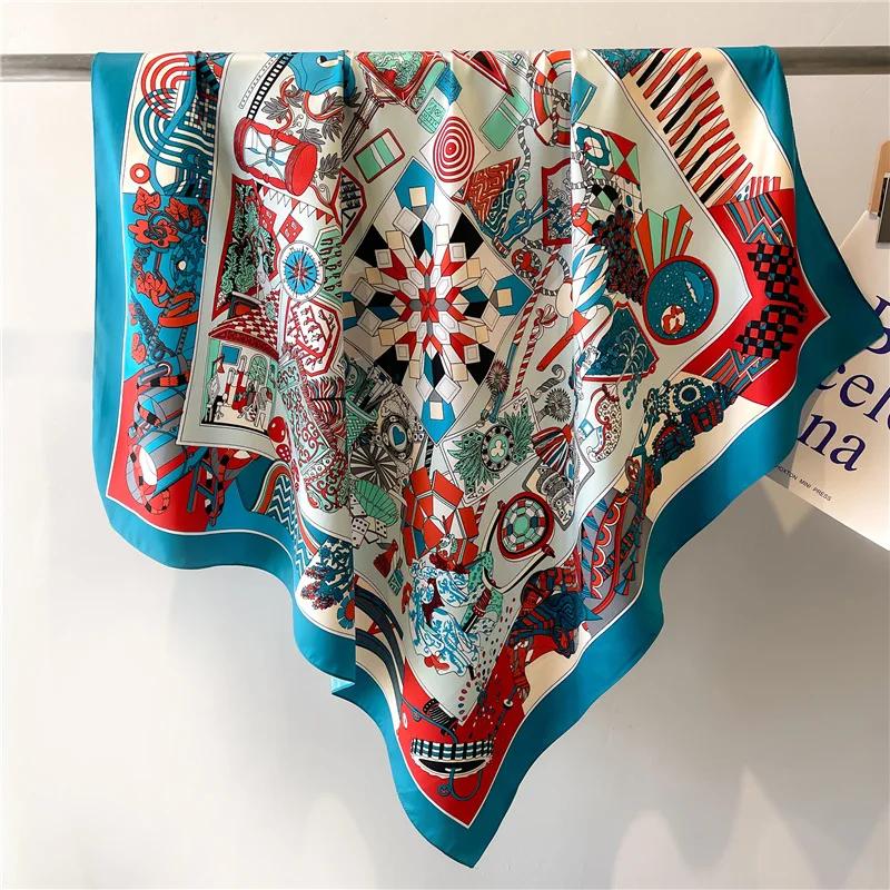 90cm Square Shawls and Scarves Twill Silk Scarf Female Big Kerchief Printed Hijab Scarf For Women Headband Neckerchief Wraps