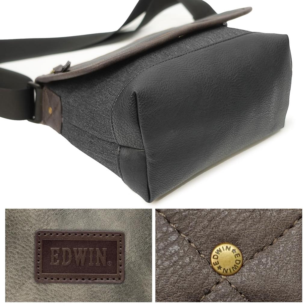 Mini Messenger Bag 0411518 Combination Synthetic Leather Polydenim Switch Compact with Pocket 22269303 Black 2 X Gray [Edwin] (Black