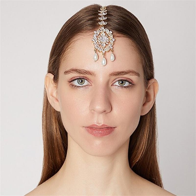 Elegant Teardrop Zircon Pearls Metal Pendant Hair Chain For Weddings Evening Event Practical Jewelry Accessory