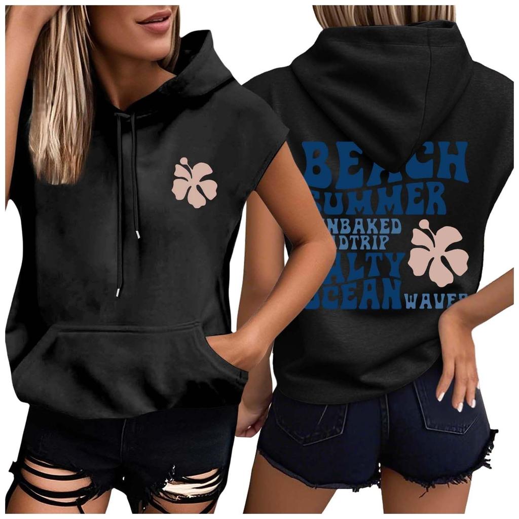 Women's Summer Hooded Sleeveless Tee Shirts  Hoodie Tunic Tops  Casual Loose Tunic Sweatshirts