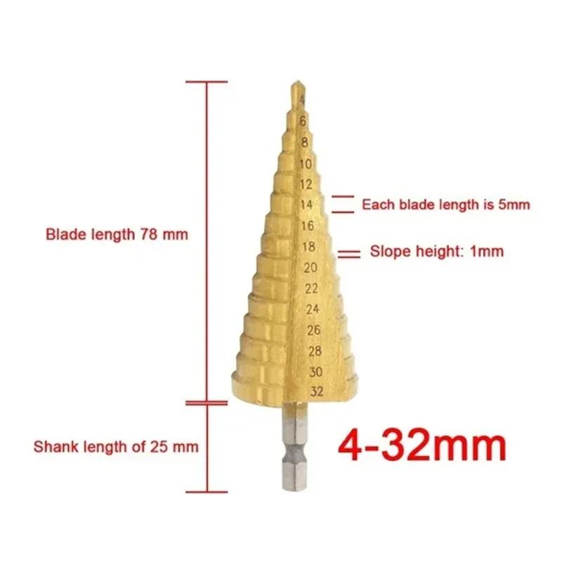 Chiloskit 3 Pcs Large HSS Step Drill Bit Set - Titanium Coated,High Speed Steel Drill Cone Bits,3-Piece, 4-12/20/32mm