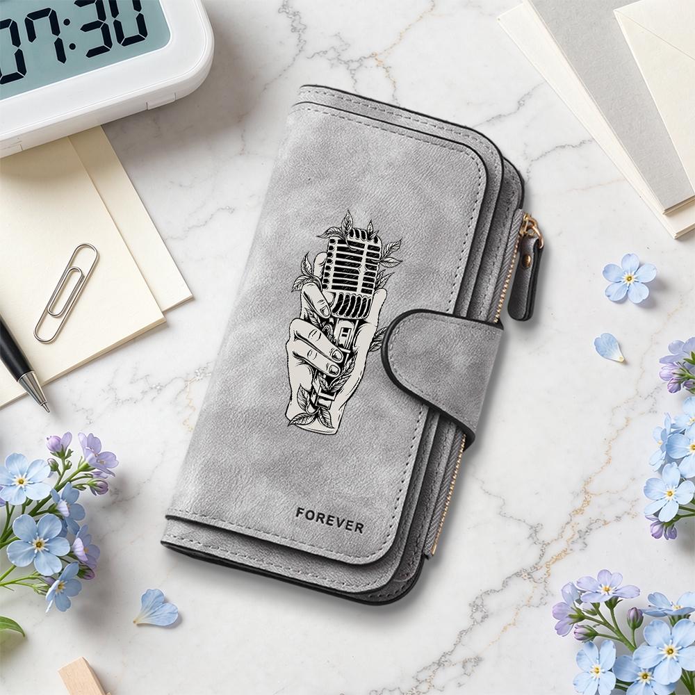 Vintage Mic Pattern Long Wallet Forever Engraved Purse for Daily Use