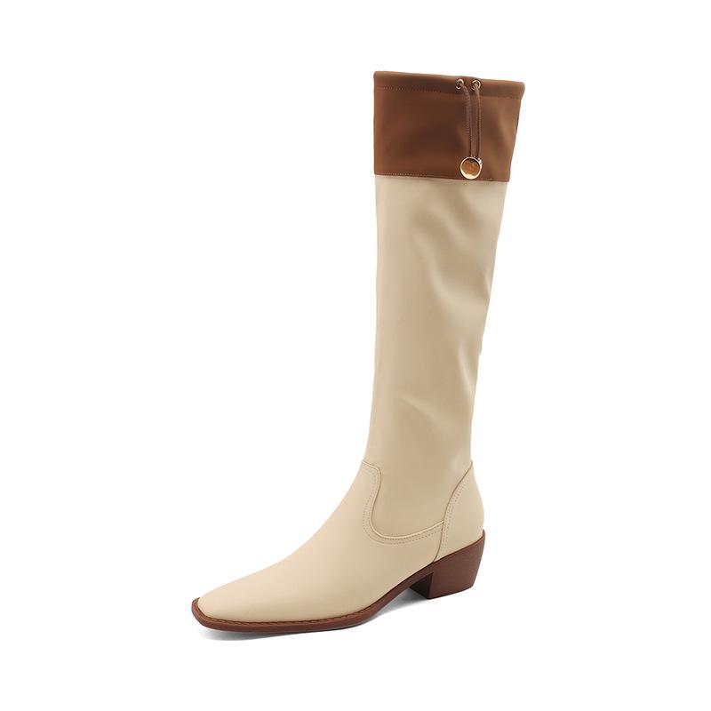 

2025 Новые женские сапоги из кожи в стиле пэчворк с острым носком на платформе и коленом, женские осенне-зимние массивные рыцарские сапоги на высоком каблуке 35 абрикосовый