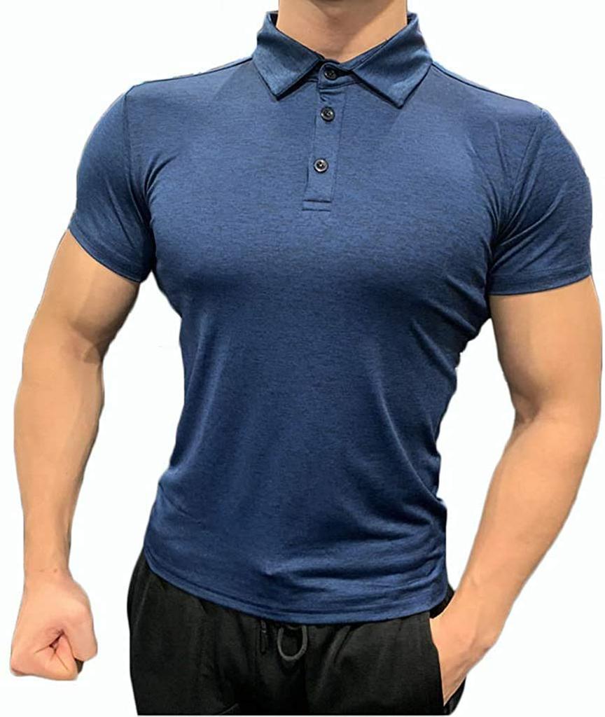 Manatsulife Short Sleeve Polo Solid Slim Stylish Training Wear Men's Shirt, Moisture-Wicking, Quick-Drying, Color, Stretch, Fit, (Navy, L)