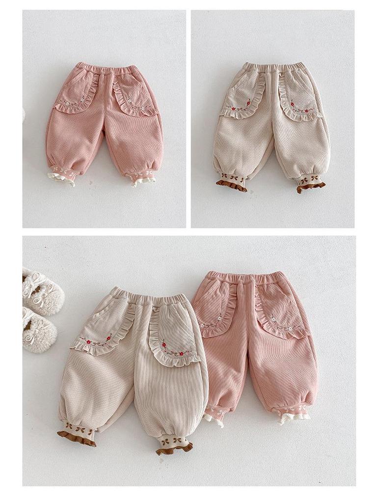 Girls' Fleece-Lined Korean Style Embroidered Joggers – Winter 2025 Children's Thick Sweatpants