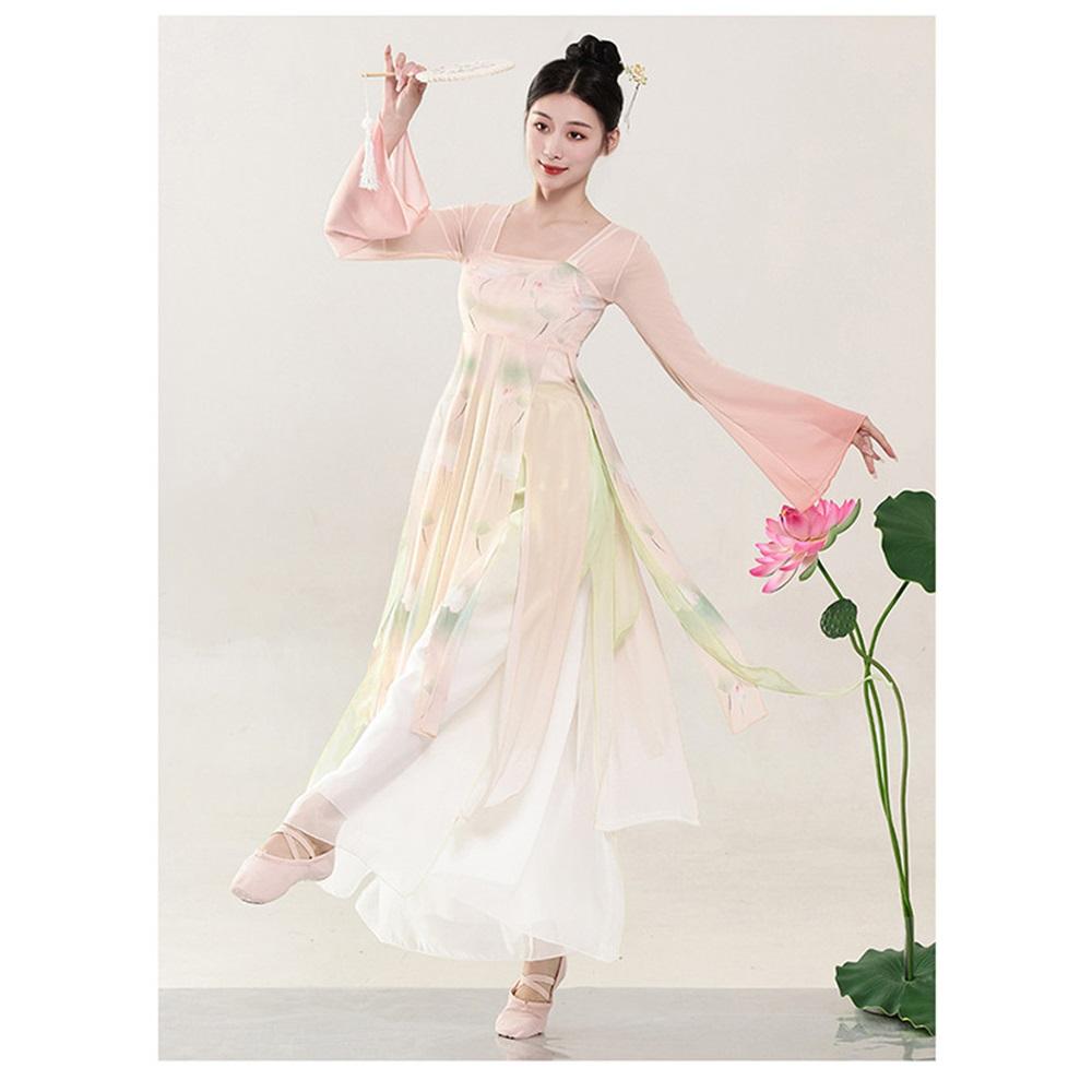 Verbessertes Hanfu Klassisches Tanzkostüm für Damen, Fließendes Chiffon Ruqun Set mit Lotusdruck, Tanzkleidung im Tang-Dynastie-Stil für Bühnenauftritte