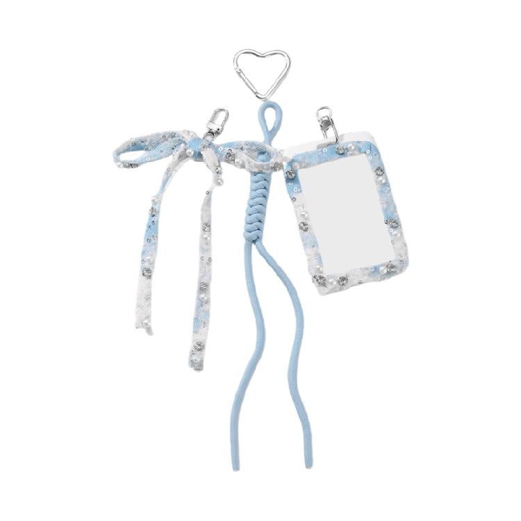 

Sparkling Faux Pearls Accent Keyring Card Holder Flexible Braided Rope Attachment Convenient Bag Accessory синій