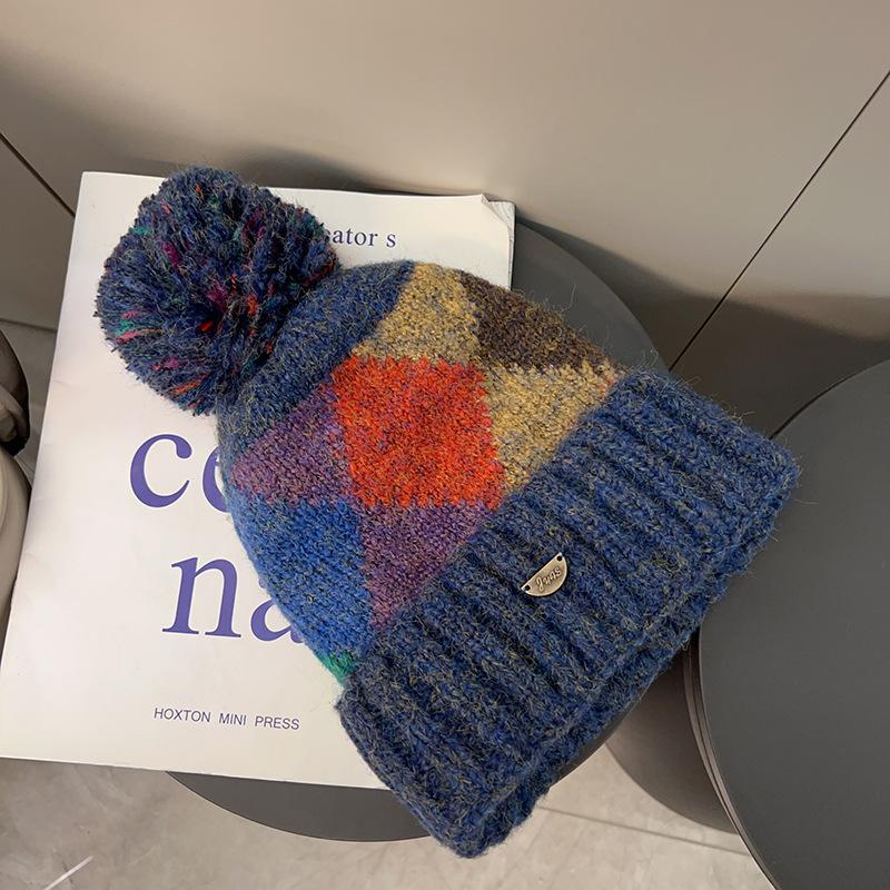 Wool hat women's fashion retro versatile color rhombus knitted hat autumn and winter new cold and warm hairball hat
