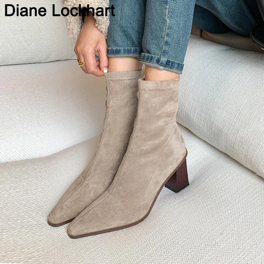 Fashion Autumn Winter Fashion Kid Suede Women Boots Pointed Toe Yarn Elastic Ankle Boots Thin Heel Shoes Slip-on Female Socks Botas Femi