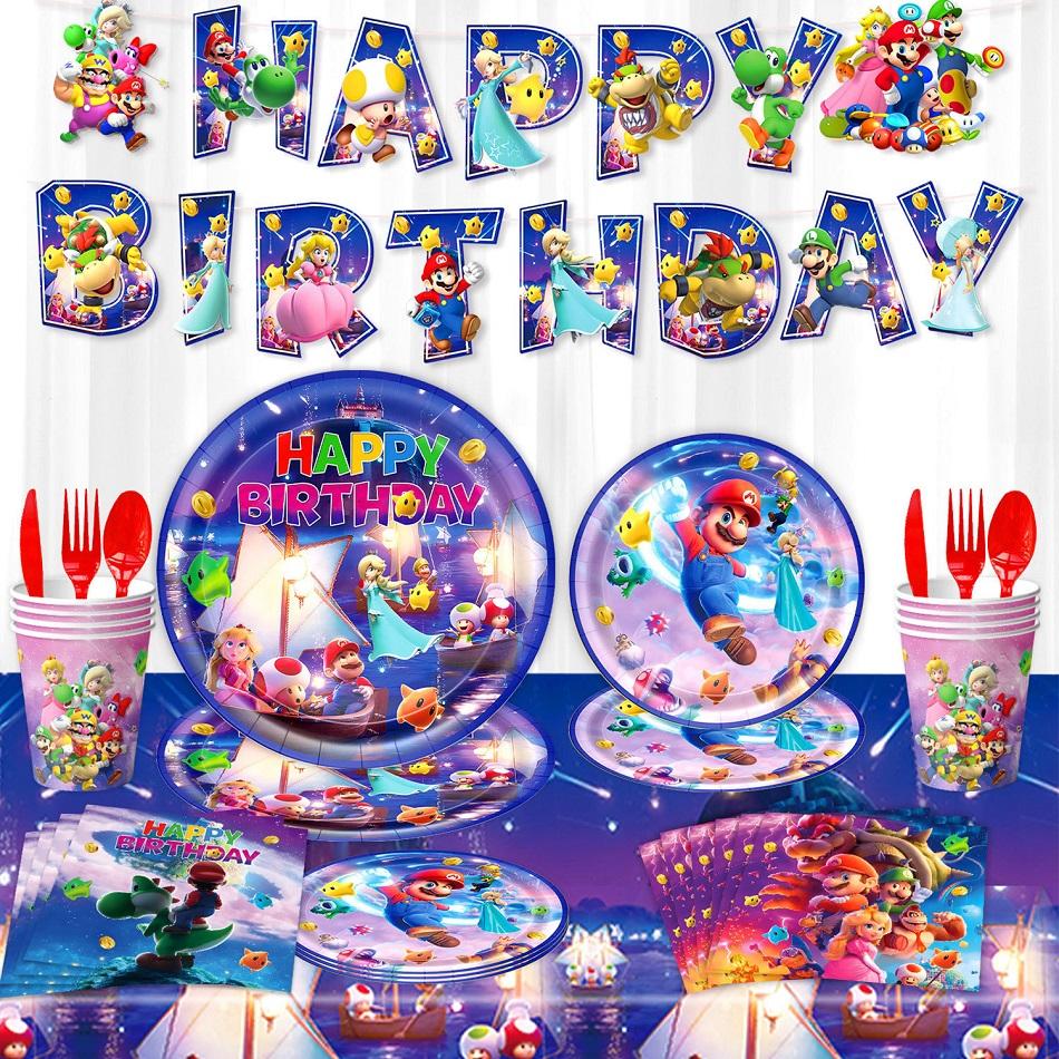 New Mario Galaxy Series Theme Birthday Decoration Party Supplies Tablecloth Props Paper Glasses Cup Kit Disposable Tablewar