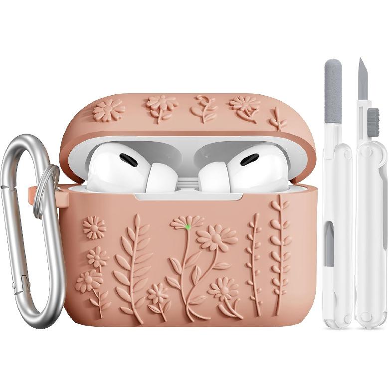 AIRSPO Airpod Pro 2nd Generation Case, 3D Floral Embossed Soft Silicone Protective Cover with Cleaner Kit for Apple Airpods Pro 2nd 1st Gen Case with