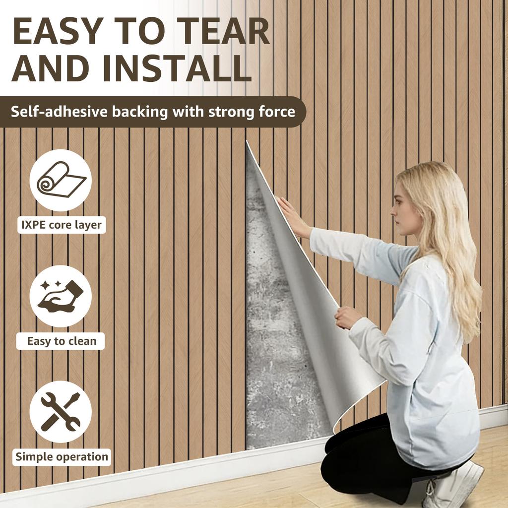 Wood Slat Wallpaper PVC Self Adhesive Wood Wallpaper 118x15.7in Artificial Wood Slat Panel Self Adhesive Soundproof 3D Wallpaper