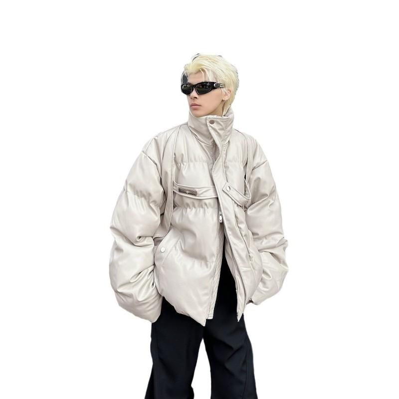 Mens Short Puffer Jacket Winter Warm Thickened Cotton Coat Loose Fit Stand Collar With Metal Buckle Detail