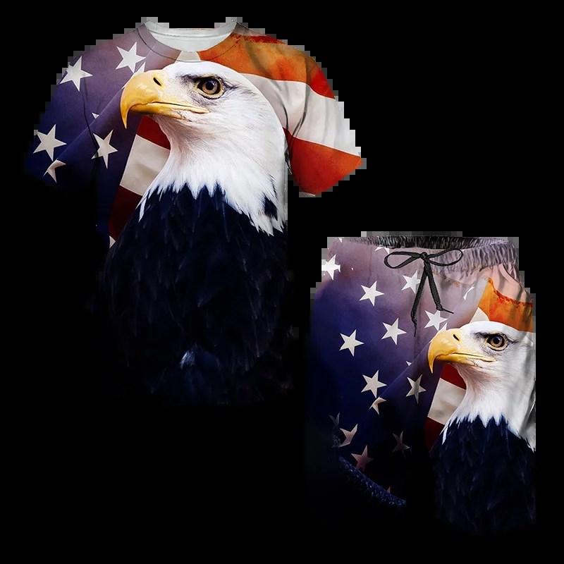 Nuovo set estivo da uomo T-shirt e pantaloncini Aquila Bandiera USA Set 3D Set due pezzi Tempo libero Moda Manica corta Set completo di abbigliamento