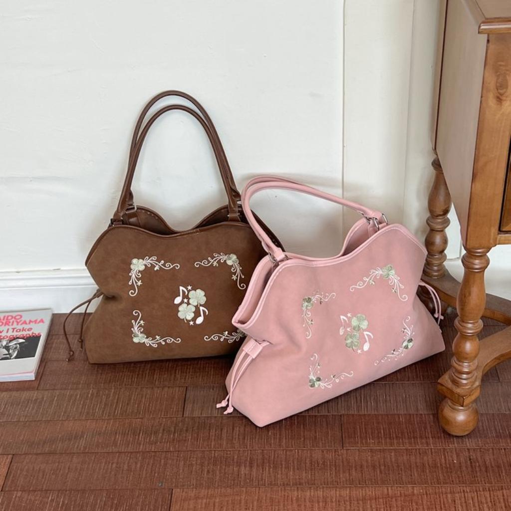 Hobo Bag Women Faux Leather Large Capacity Embroidered Drawstring Daily Commute