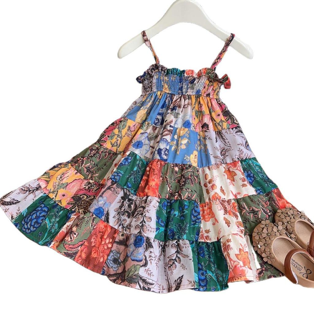 Girls' Retro Floral Summer Dress - Sling Style, Model AXB502