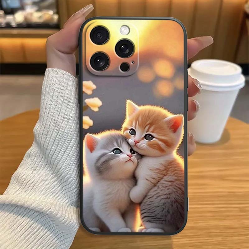 Cute cartoon cat illustration For Apple iPhone 17 16 16E 15 14 13 12 11 Pro Max Plus Black Soft Silicone Phone Case