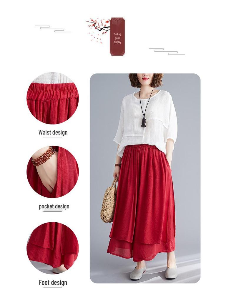 2025 Summer Women's Artistic Cotton Linen Wide-Leg Silk Cropped Pants
