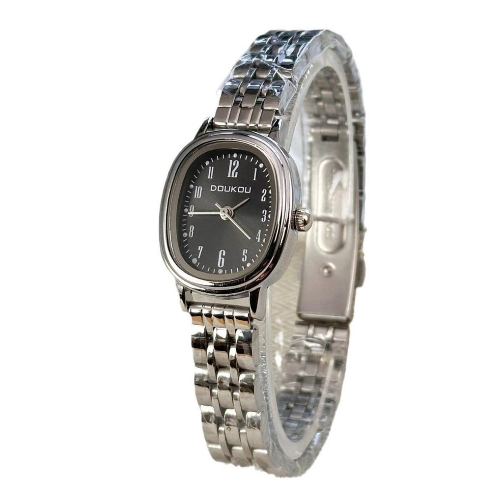 Women's Minimalist Quartz Watch with Elliptical Dial and Digital Markers, Steel Band, Small Wristwatch