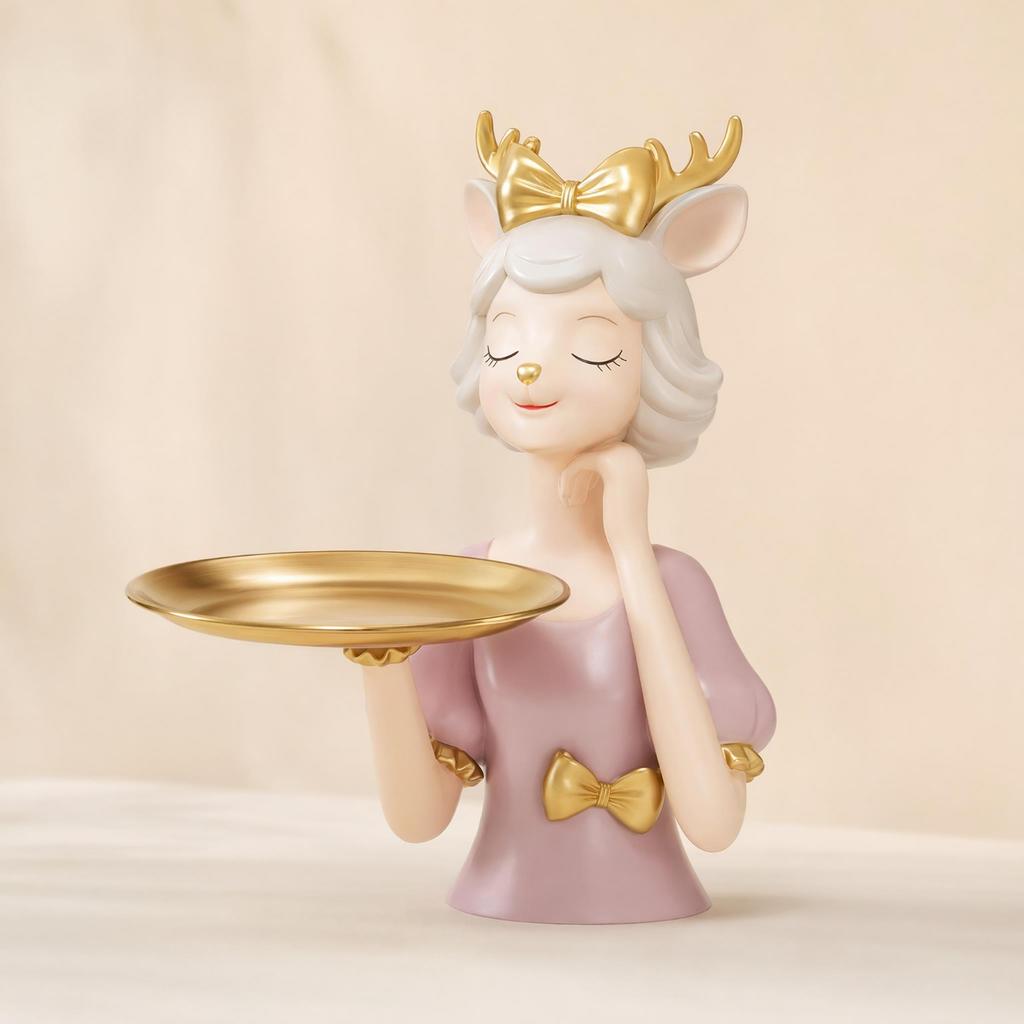 Deer Figurine with Tray Beautiful Deer Statue with Tray Tabletop Organizer Lovely Compact for Entryway, Dresser