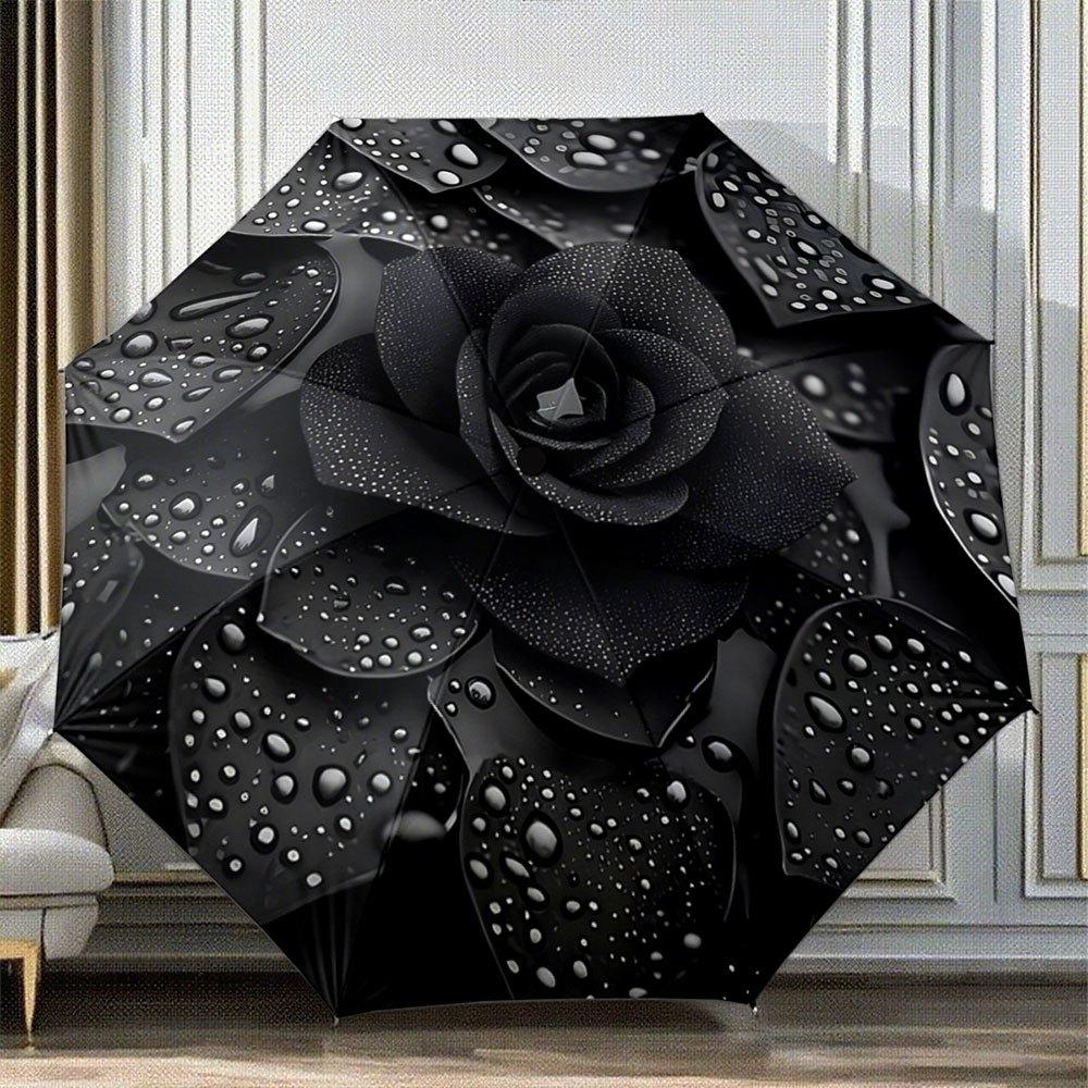 

[Christmas] Automatic Folding Umbrella with Black Rose & Water Droplets Design - Portable Collapsible 8-Rib Durable Canopy, El Iron&8K