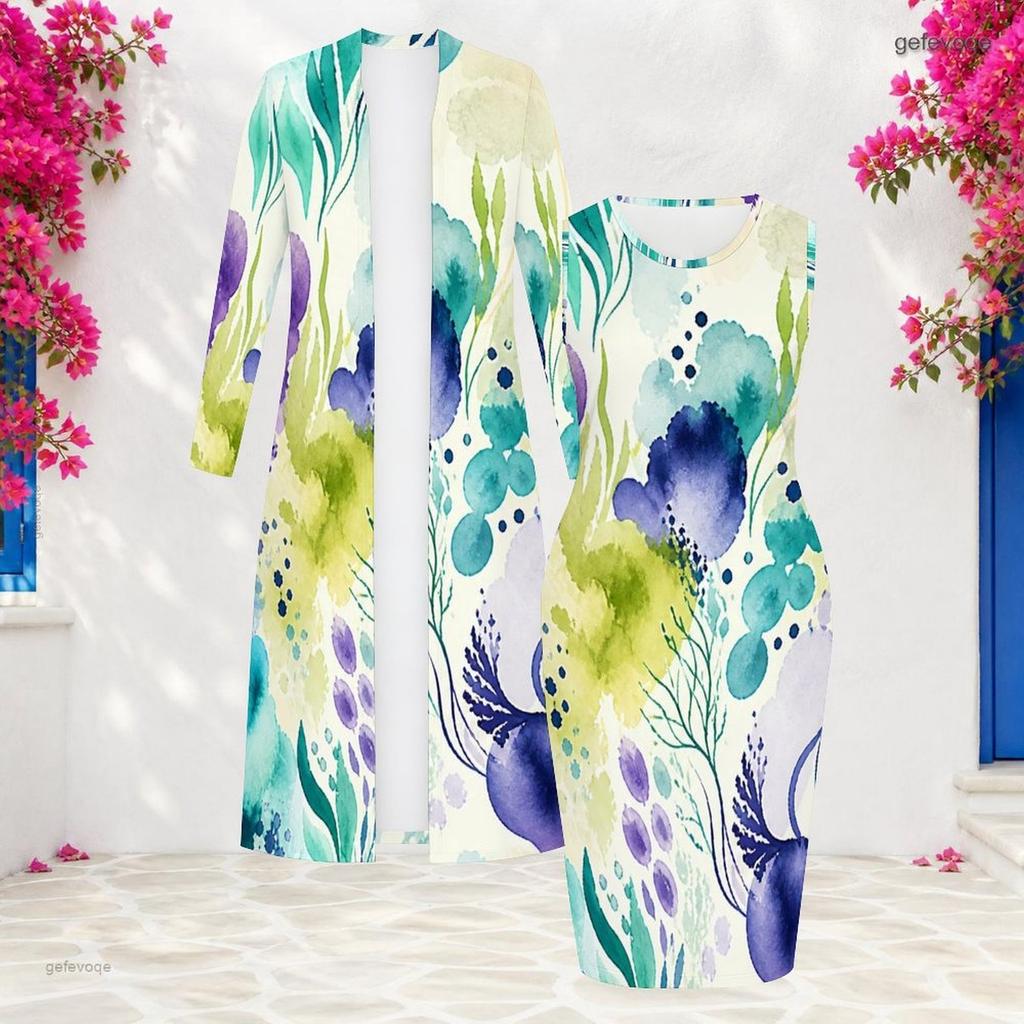 Women Plus Size Two Piece Set Long Sleeve Open Front Cardigan Sleeveless Printed Bodycon Dress Dark Blue